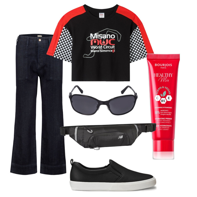 Outfit donna - Ready. Stile Rock per Tutti i giorni. Abbinamento con primer, t-shirt, cinture, sneakers, jeans dritti, occhiali da sole.