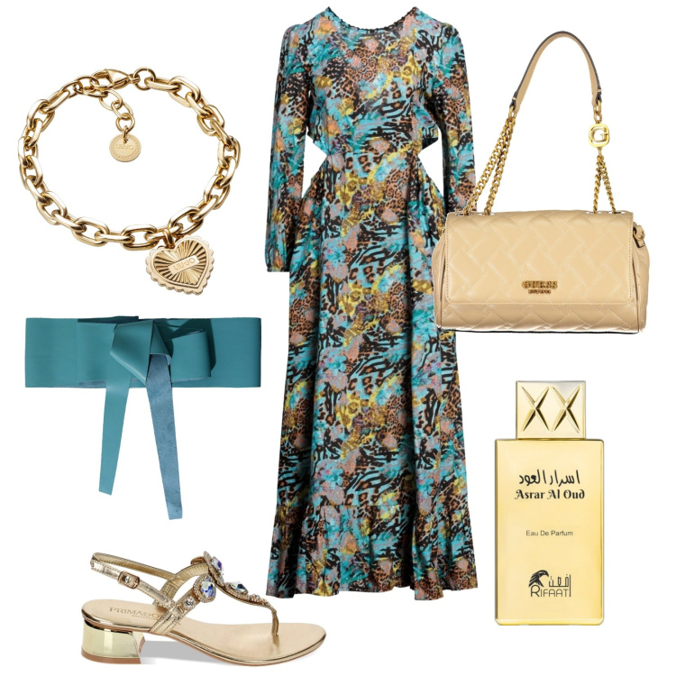 Outfit donna - Total look #1883047. Stile Vintage retrò per Serata fuori. Abbinamento con vestiti lunghi, profumi, cinture, sandali gioiello, borse a spalla, braccialetti.