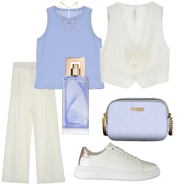 Outfit donna - Total look #1883055. Stile Casual chic per Tutti i giorni. Abbinamento con profumi, gilet, pantaloni, top, sneakers, borse a tracolla.