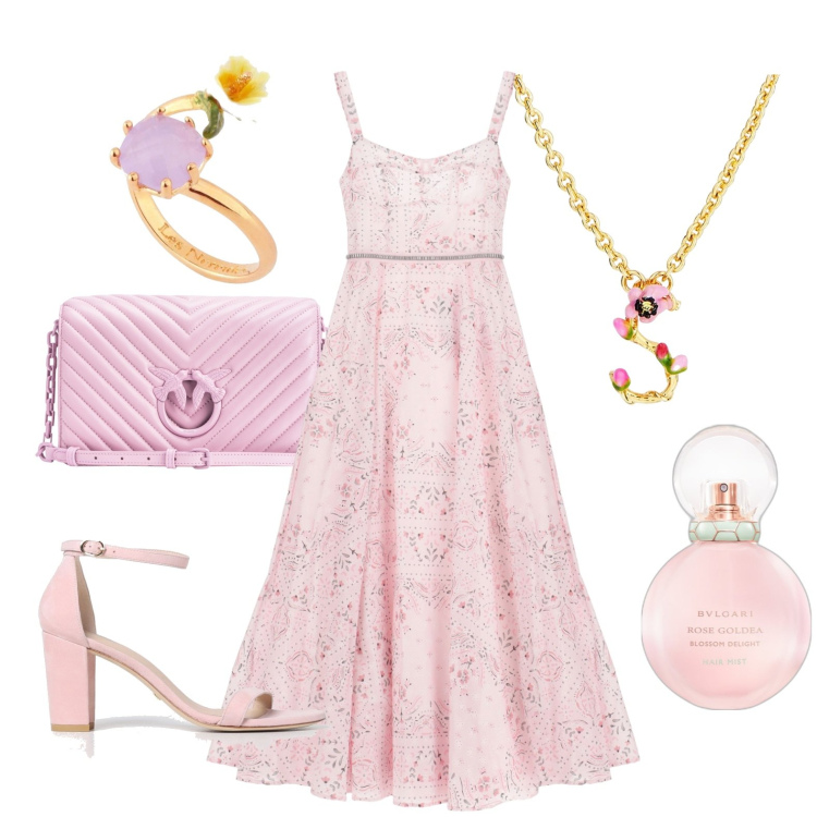 Outfit donna - Rosa. Stile Romantica per Tutti i giorni. Abbinamento con collane, anelli, profumi, borse a tracolla, vestiti lunghi, sandali in pelle.