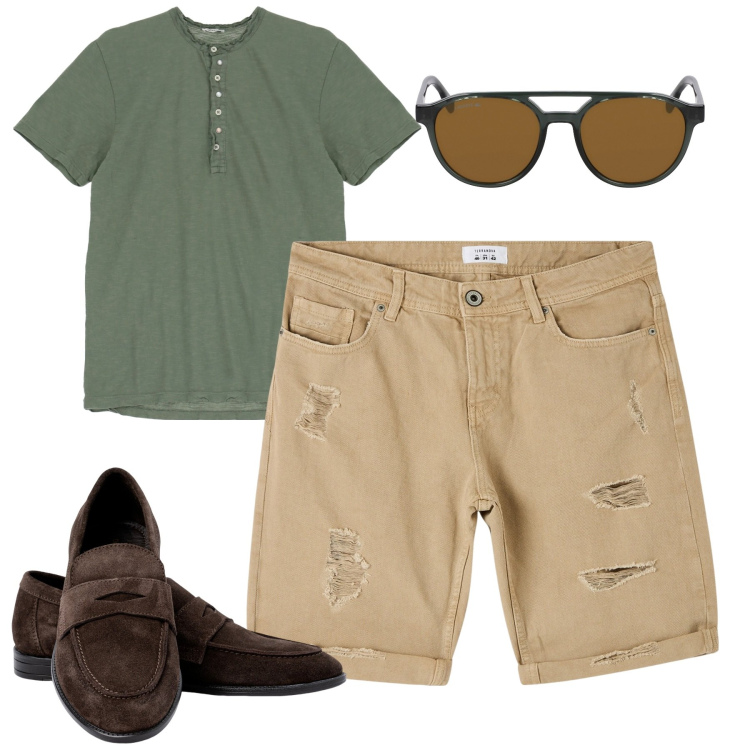 Outfit uomo - City. Stile Urban per Tutti i giorni. Abbinamento con bermuda, t-shirt, scarpe stringate, occhiali da sole.