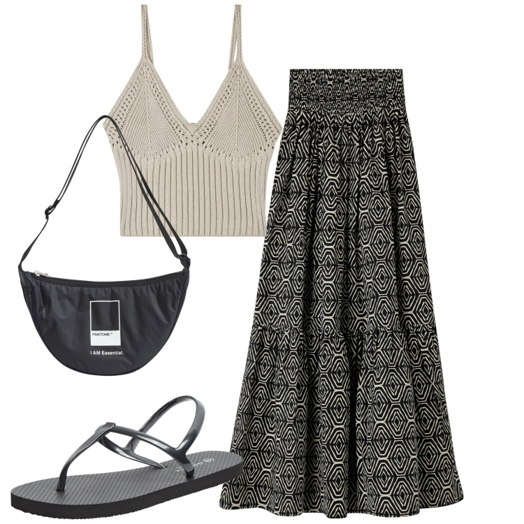 Outfit donna - City. Stile Urban per Tutti i giorni. Abbinamento con marsupi, sandali, gonne lunghe, top.