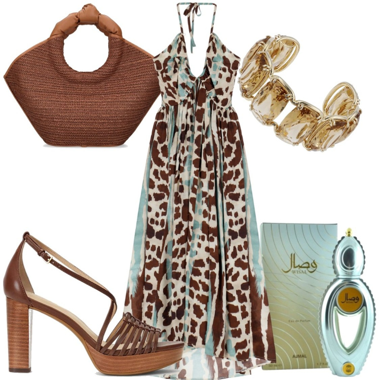 Outfit donna - Esotica. Stile Glamour per Serata fuori. Abbinamento con profumi, vestiti midi/longuette, sandali in pelle, borse a mano, braccialetti.