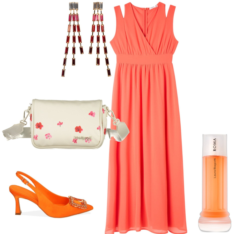 Outfit donna - Coloratissima serata al ristorante. Stile Chic per Serata fuori. Abbinamento con orecchini, profumi, vestiti lunghi, décolleté, borse a spalla.