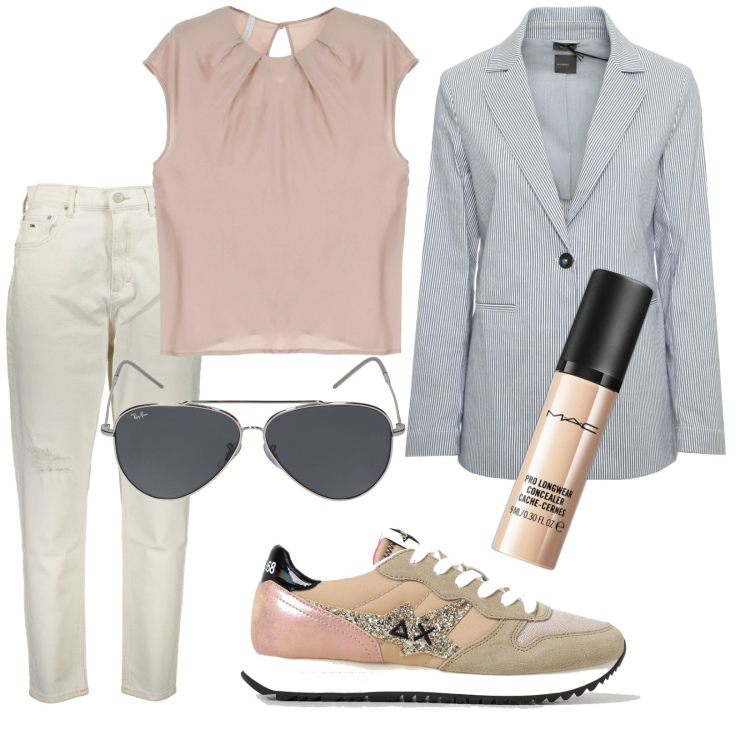 Outfit donna - Total look #1883141. Stile Casual chic per Tutti i giorni. Abbinamento con correttori, top, sneakers, jeans mom, occhiali da sole, blazer.