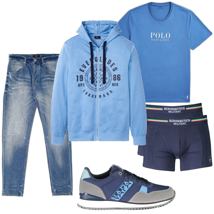 Outfit uomo - Total look #1883144. Stile Urban per Tutti i giorni. Abbinamento con felpe con cappuccio, jeans dritti, t-shirt, boxer, scarpe sportive.