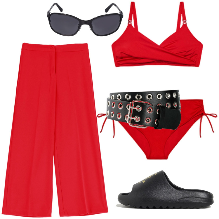 Outfit donna - Il sole mi aspetta. Stile Casual per Mare. look ideale per Petite. Abbinamento con cinture, pantaloni, bikini, ciabatte, occhiali da sole.