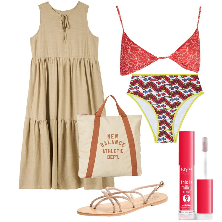 Outfit donna - Un tuffo dove l acqua è più blu. Stile Minimal per Mare. Abbinamento con gloss, sandali, bikini, vestiti senza maniche, borse a mano, costumi.