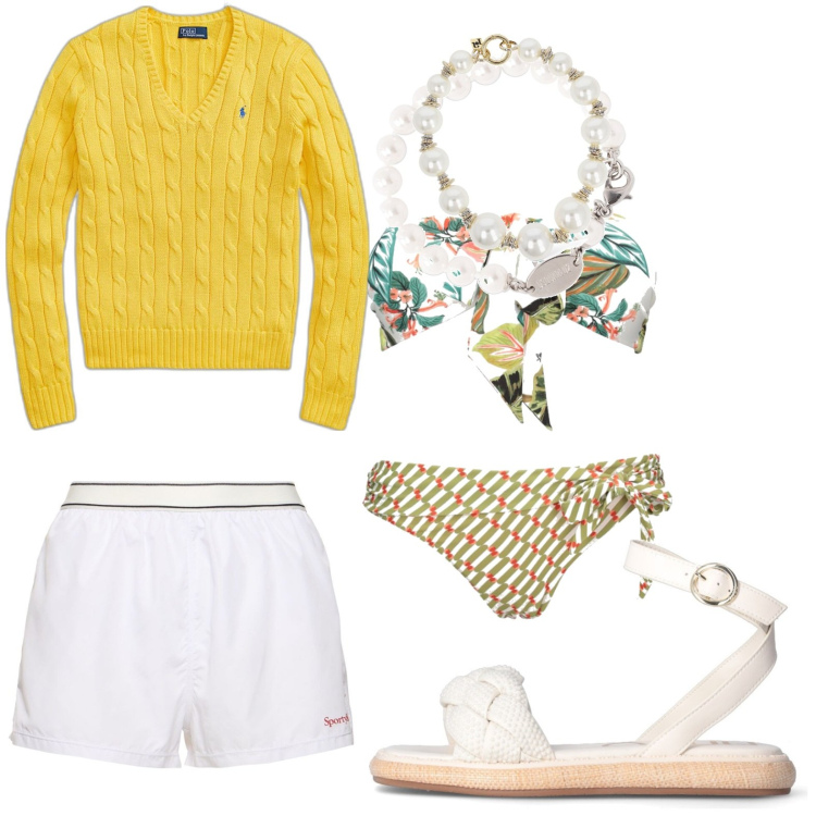 Outfit donna - In costume a prova di surf. Stile Urban per Mare. look ideale per Petite. Abbinamento con maglieria, costumi, braccialetti, collane, sandali gioiello, shorts.