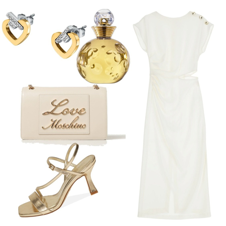 Outfit donna - Oro su bianco. Stile Glamour per Serata fuori. Abbinamento con orecchini, profumi, vestiti midi/longuette, sandali col tacco, borse a spalla.