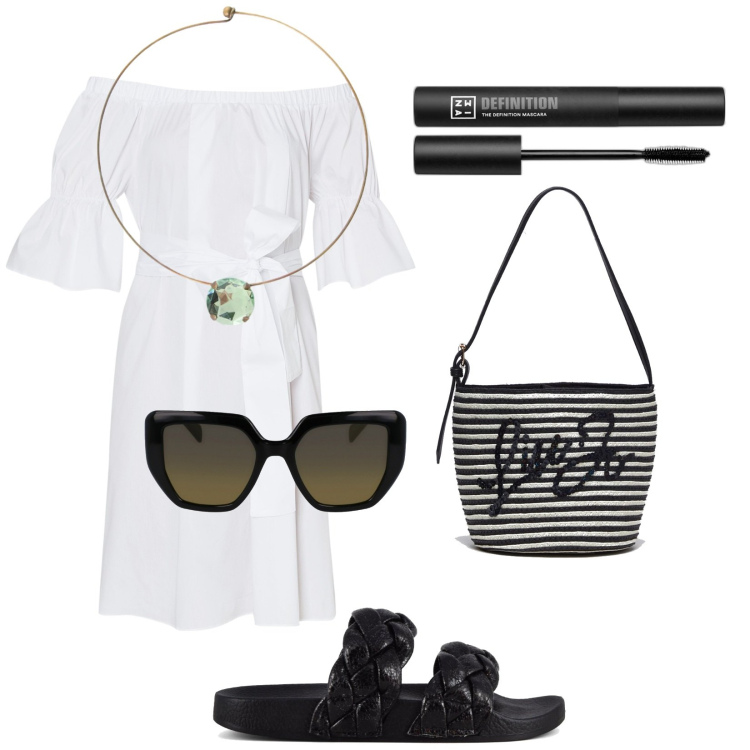 Outfit donna - Total look #1883183. Stile Trendy per Tutti i giorni. Abbinamento con mascara, ciondoli, ciabatte, vestiti corti, occhiali da sole, borse a secchiello.