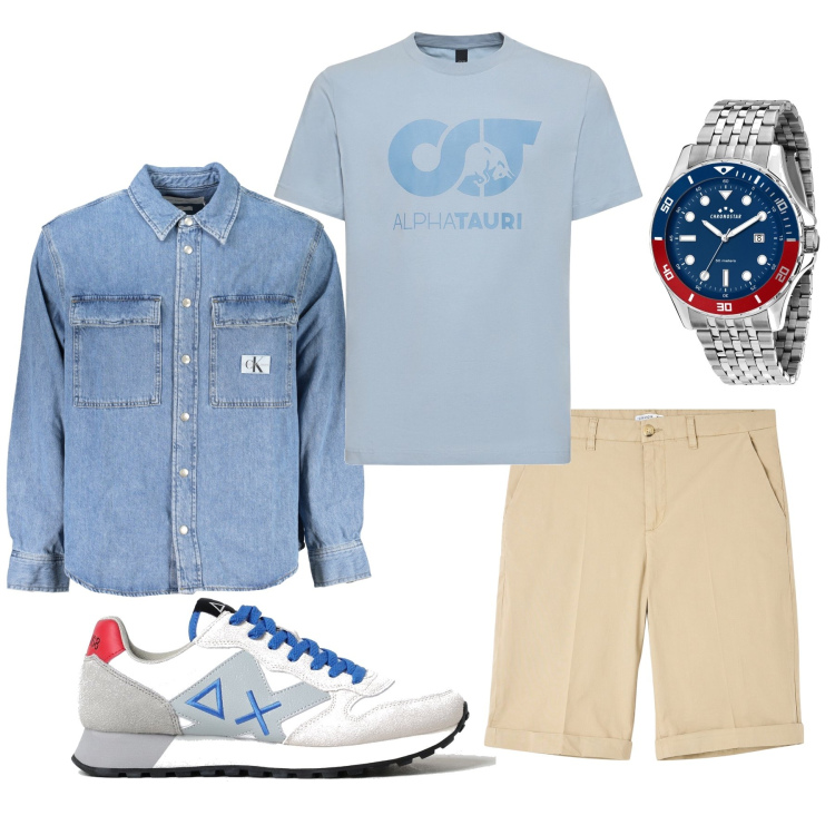 Outfit uomo - Camicia di jeans e bermuda. Stile Urban per Tutti i giorni. Abbinamento con orologi, bermuda, t-shirt, camicie, sneakers.