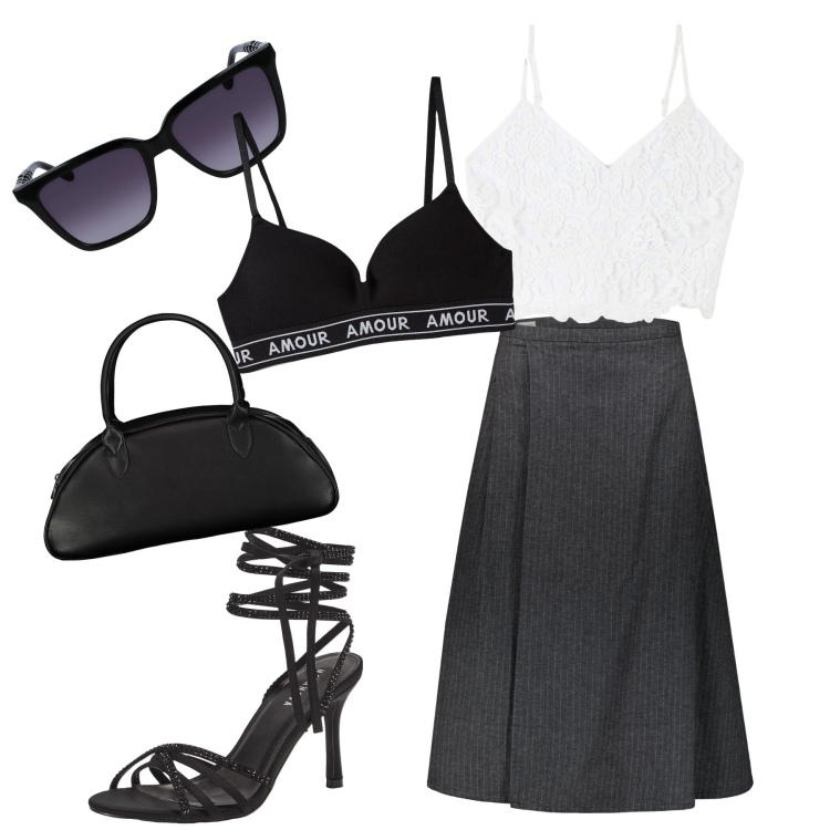 Outfit donna - Senza sforzo chic in bianco e nero. Stile Chic per Serata fuori. Abbinamento con reggiseni, top, sandali alla schiava, gonne lunghe, borse a spalla, occhiali da sole.