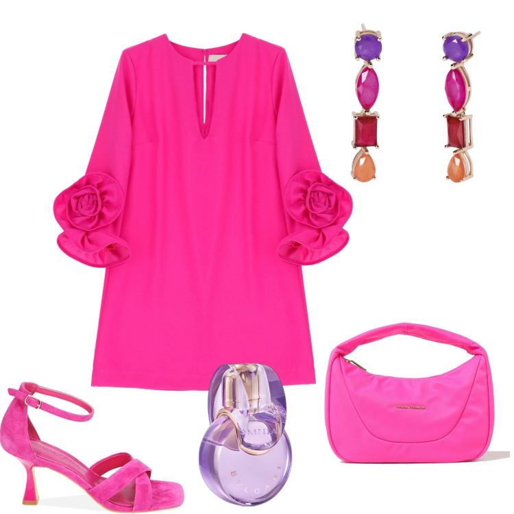 Outfit donna - Mini abito monocolore con volant. Stile Chic per Cerimonia. Abbinamento con profumi, orecchini, sandali col tacco, vestiti corti, borse a spalla.