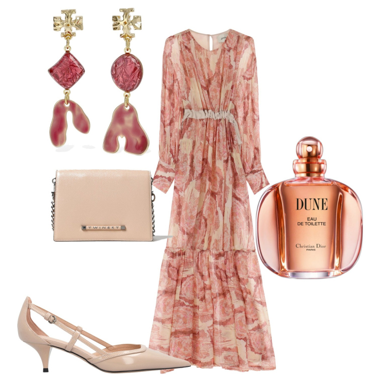 Outfit donna - City. Stile Romantica per Serata fuori. Abbinamento con profumi, décolleté, vestiti lunghi, orecchini, borse a tracolla.
