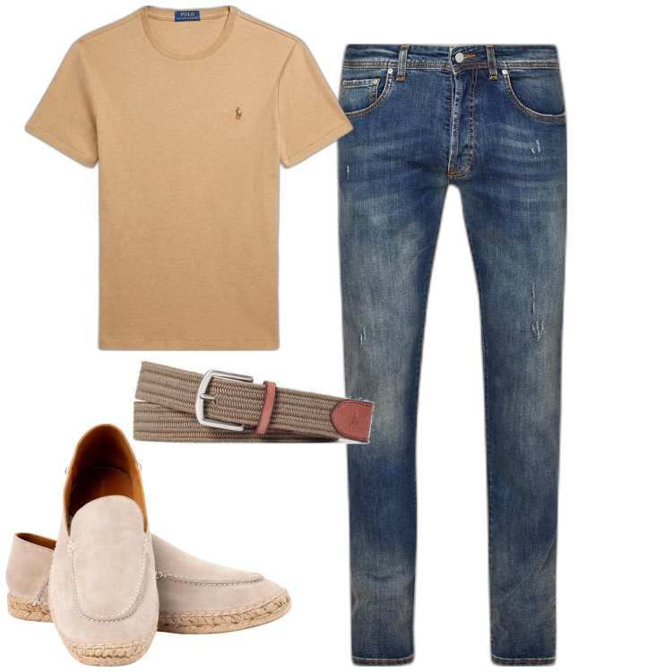 Outfit uomo - City. Stile Casual per Tutti i giorni. Abbinamento con cinture, t-shirt, espadrillas, jeans slim fit.