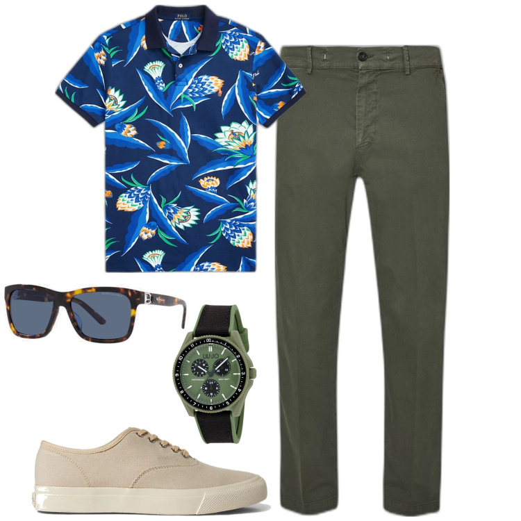 Outfit uomo - Total look #1883246. Stile Trendy per Mare. Abbinamento con sneakers, polo, occhiali da sole, pantaloni chino, orologi.