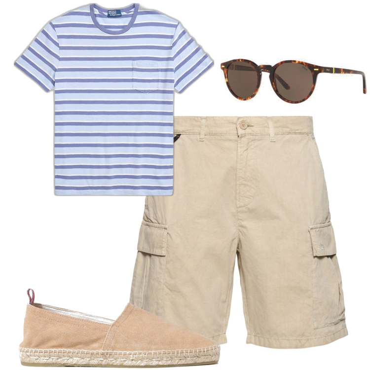 Outfit uomo - Summer. Stile Casual per Tutti i giorni. Abbinamento con occhiali da sole, t-shirt, espadrillas, shorts.