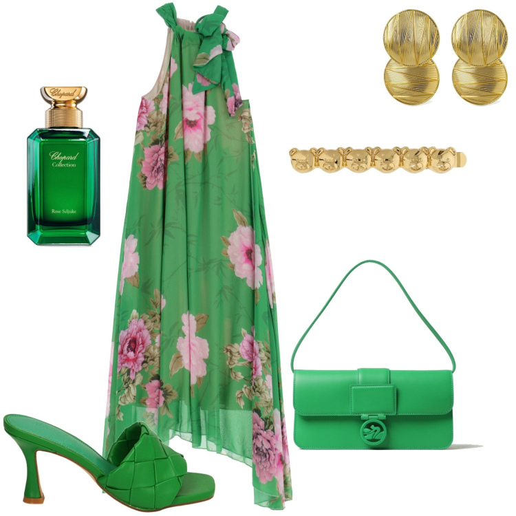 Outfit donna - Abito lungo fantasia floreale. Stile Chic per Cerimonia. Abbinamento con profumi, pantofole, vestiti lunghi, borse a spalla, accessori per capelli, orecchini.