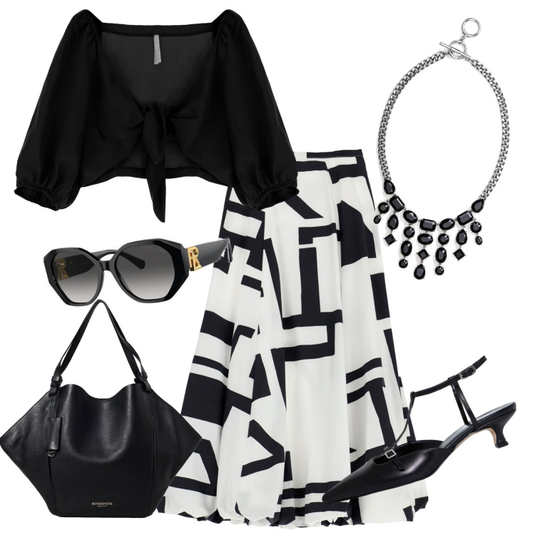 Outfit donna - Imperial. Stile Trendy per Serata fuori. look ideale per Tall. Abbinamento con top, gonne lunghe, sandali col tacco, occhiali da sole, collane, borse a spalla.