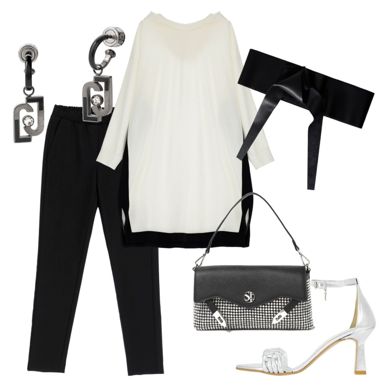 Outfit donna - Black and white. Stile Casual chic per Tutti i giorni. Abbinamento con cinture, vestiti, pantaloni skinny, décolleté, clutch, orecchini.