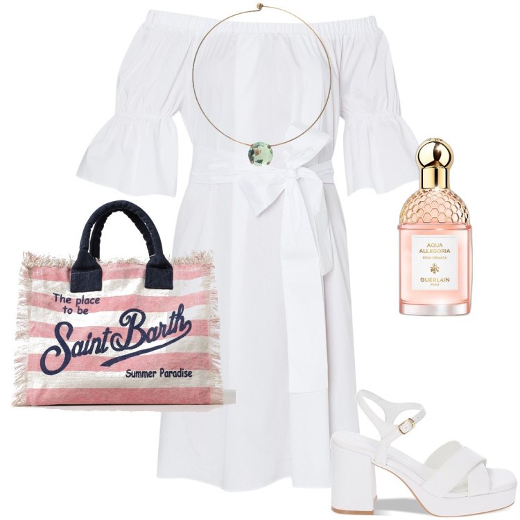 Outfit donna - Non solo bianco. Stile Bon Ton per Serata fuori. Abbinamento con profumi, sandali col tacco, ciondoli, vestiti corti, borse tote.