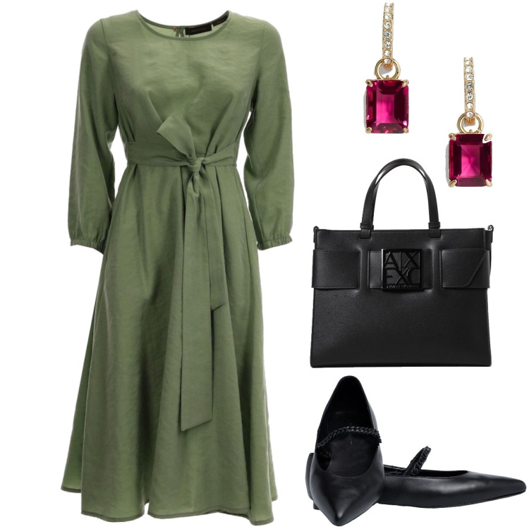 Outfit donna - Verde di sera. Stile Bon Ton per Serata fuori. Abbinamento con orecchini, ballerine, vestiti lunghi, borse a mano.