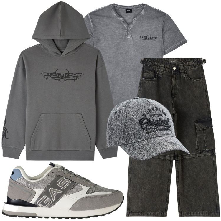 Outfit uomo - Ultimi giorni di scuola. Stile Trendy per Tutti i giorni. Abbinamento con t-shirt, jeans, felpe con cappuccio, cappelli, sneakers.
