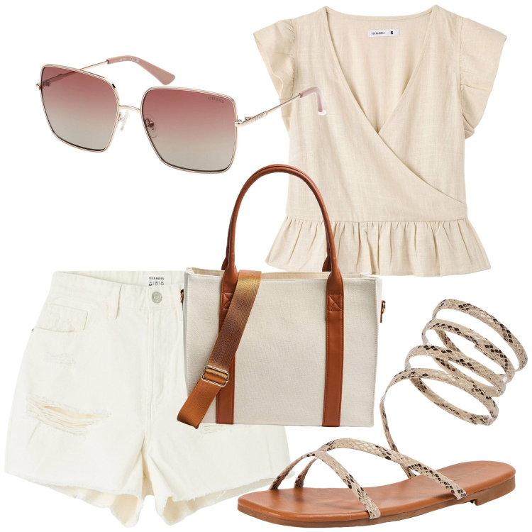 Outfit donna - Per tutta l\'estate. Stile Trendy per Mare. Abbinamento con shorts, bluse, shopping bag, sandali, occhiali da sole.
