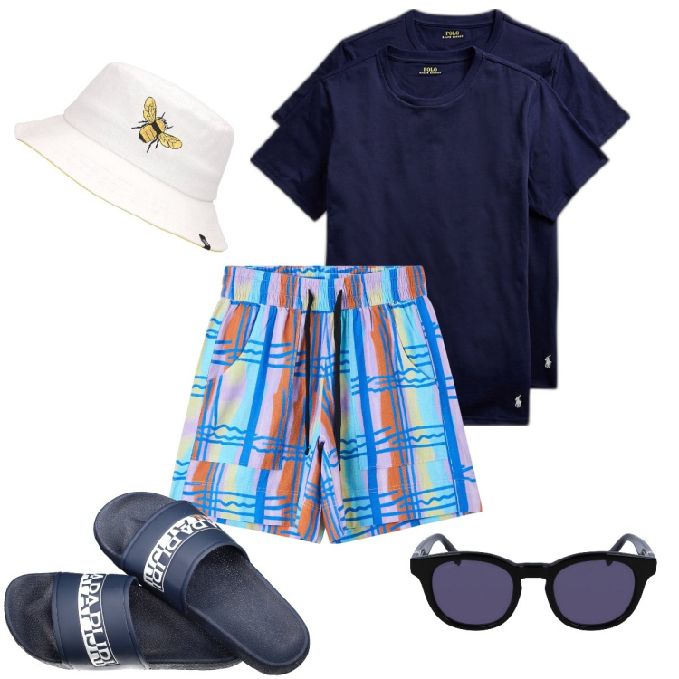 Outfit uomo - Viaggio in crociera. Stile Casual per Mare. Abbinamento con bermuda, t-shirt, cappelli, occhiali da sole, sandali.
