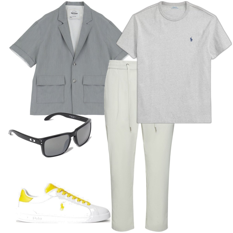 Outfit uomo - Il blazer grigio. Stile Trendy per Serata speciale. Abbinamento con giacche, t-shirt, sneakers, pantaloni, occhiali da sole.