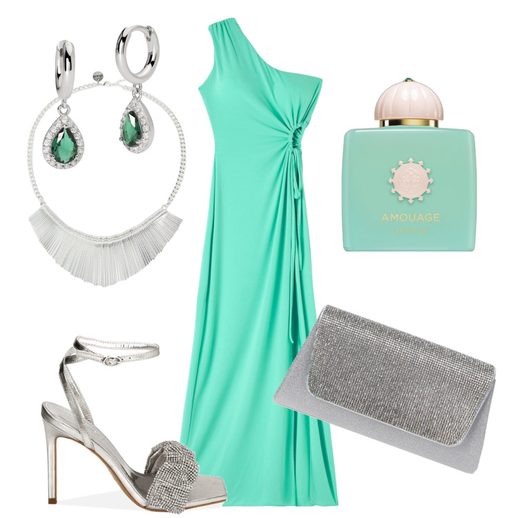 Outfit donna - Impeccabile cerimonia low cost. Stile Chic per Cerimonia. Abbinamento con profumi, vestiti asimmetrici, orecchini, sandali col tacco, pochette, collane.