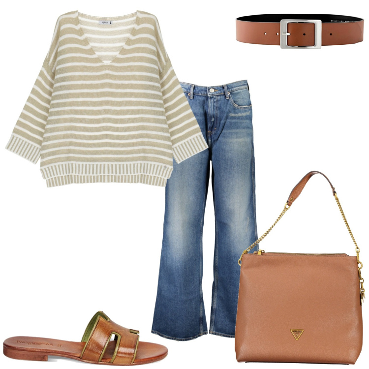 Outfit donna - Maglia oversize fantasia rigata. Stile Casual per Tutti i giorni. Abbinamento con cinture, pullovers, sandali, jeans, borse a tracolla.