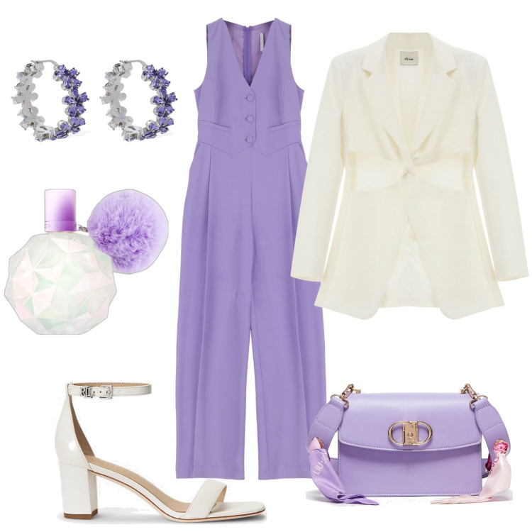 Outfit donna - Cerimonia con la salopette. Stile Chic per Cerimonia. Abbinamento con profumi, tute, blazer, sandali in pelle, borse a spalla, orecchini.