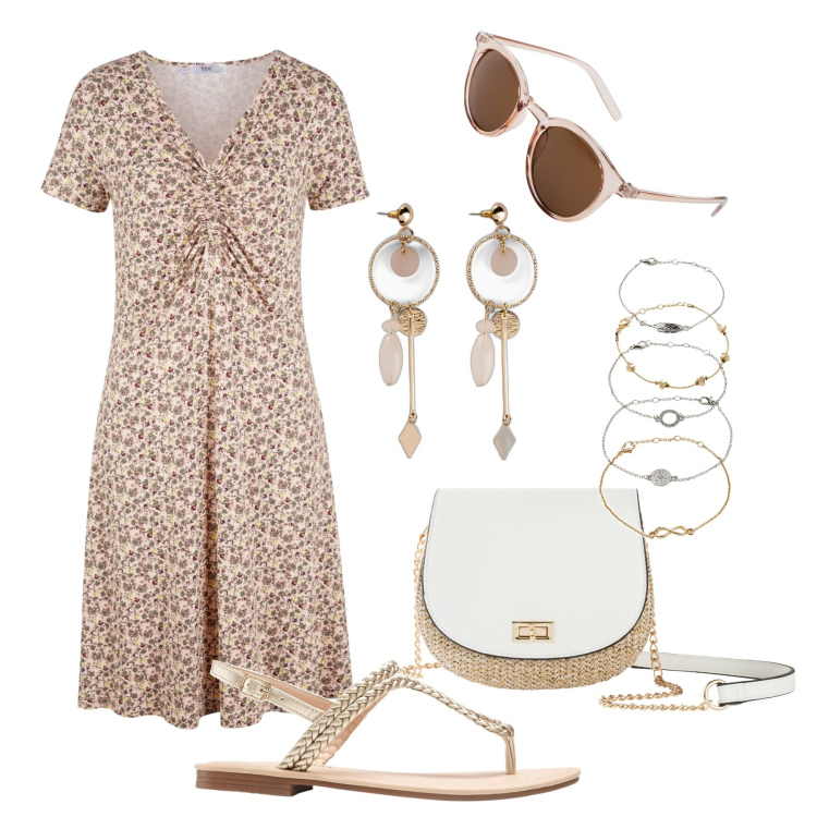 Outfit donna - Passeggiata Bonprix. Stile Trendy per Tutti i giorni. Abbinamento con ciabatte, braccialetti con ciondoli, orecchini, occhiali da sole, borse a tracolla, vestiti midi/longuette.