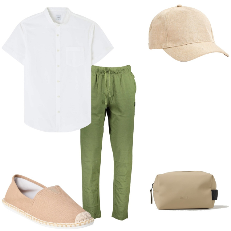 Outfit uomo - Mi sento libero e fresco. Stile Urban per Tutti i giorni. Abbinamento con camicie a manica corta, espadrillas, cappelli, borse sportive, pantaloni.