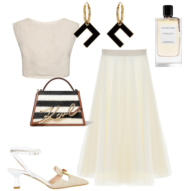 Outfit donna - So chic. Stile Chic per Serata fuori. Abbinamento con orecchini, profumi, sandali col tacco, gonne longuette, top, borse a tracolla.