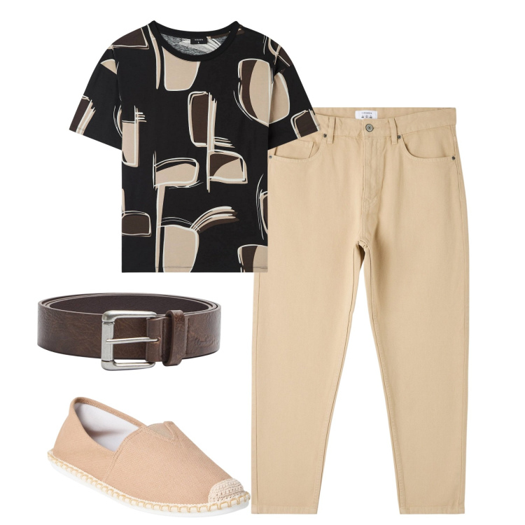 Outfit uomo - City. Stile Casual per Tutti i giorni. Abbinamento con pantaloni, t-shirt, espadrillas, cinture.