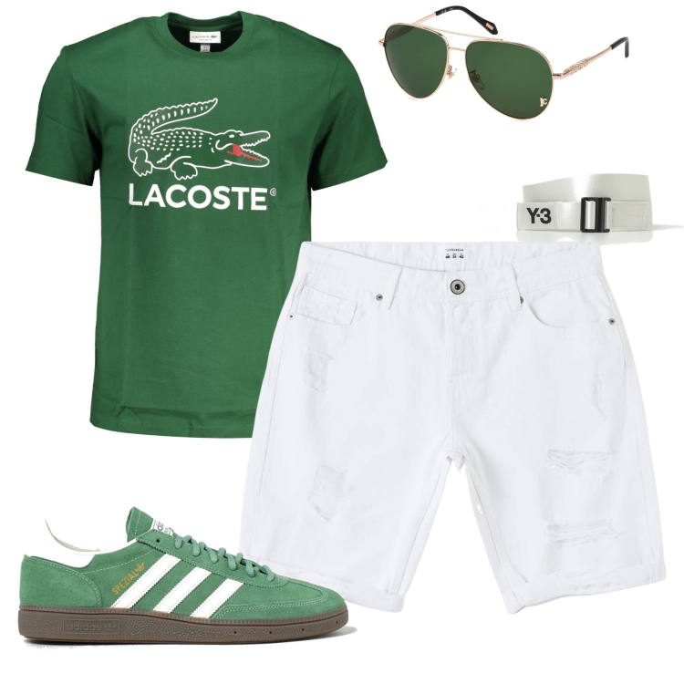 Outfit uomo - City. Stile Casual per Tutti i giorni. Abbinamento con bermuda, t-shirt, sneakers, occhiali da sole, cinture.