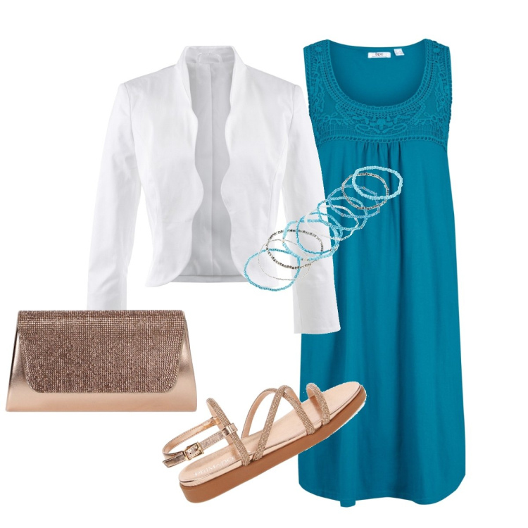 Outfit donna - Cerimonia di fine maggio. Stile Bon Ton per Cerimonia. Abbinamento con blazer, vestiti senza maniche, braccialetti, pochette, sandali gioiello.