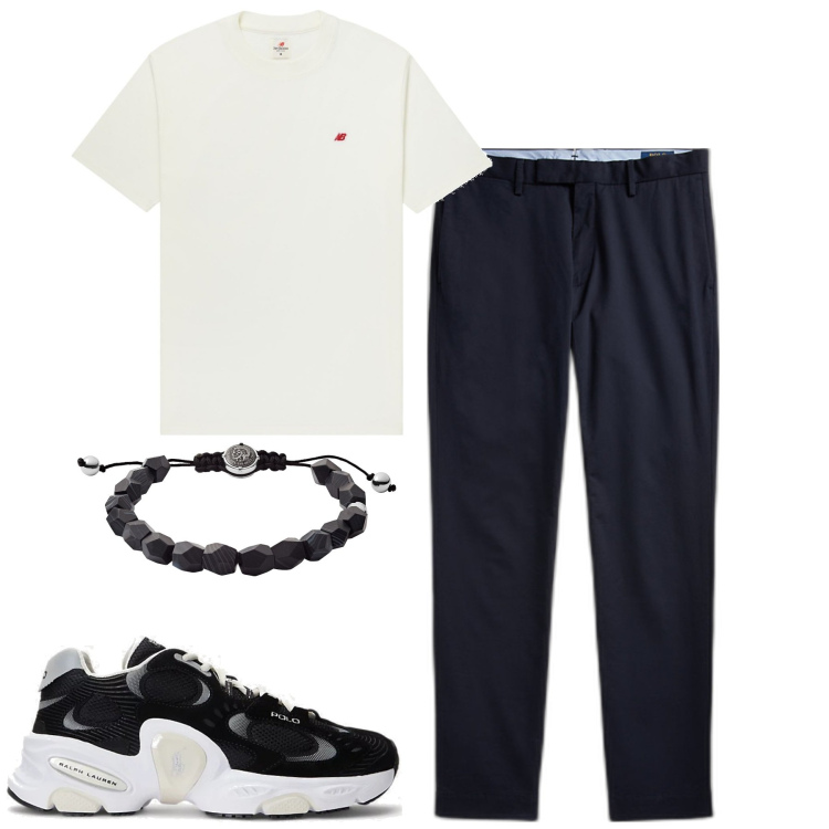 Outfit uomo - City. Stile Casual per Tutti i giorni. Abbinamento con braccialetti, t-shirt, pantaloni chino, sneakers.