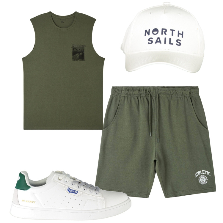 Outfit uomo - Sporty. Stile Casual per Sport. Abbinamento con canottiere, bermuda, sneakers, cappelli con visiera.