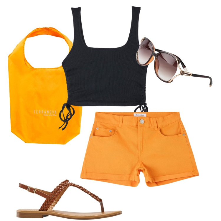 Outfit donna - Arancio acceso. Stile Basic per Mare. Abbinamento con occhiali da sole, ciabatte, canottiere, shorts, shopping bag.