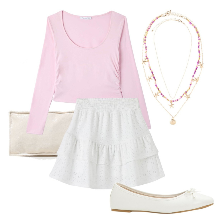Outfit donna - Per la prima Comunione. Stile Preppy per Cerimonia. Abbinamento con ballerine, ciondoli, t-shirt, minigonne, pochette.