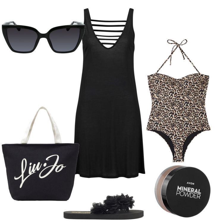 Outfit donna - Sempre w l animalier. Stile Glamour per Mare. Abbinamento con vestiti da spiaggia, ciprie, costumi interi, infradito, shopping bag, occhiali da sole.