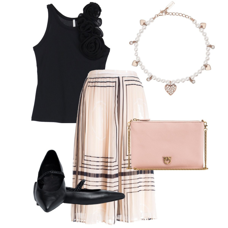 Outfit donna - La gonna plissè. Stile Bon Ton per Serata fuori. Abbinamento con braccialetti, borse a tracolla, canottiere, gonne longuette, ballerine.
