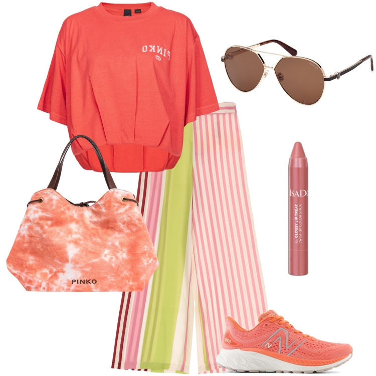 Outfit donna - Girando per il mercato. Stile Trendy per Tutti i giorni. Abbinamento con rossetti, t-shirt, shopping bag, sneakers, pantaloni a palazzo, occhiali da sole.