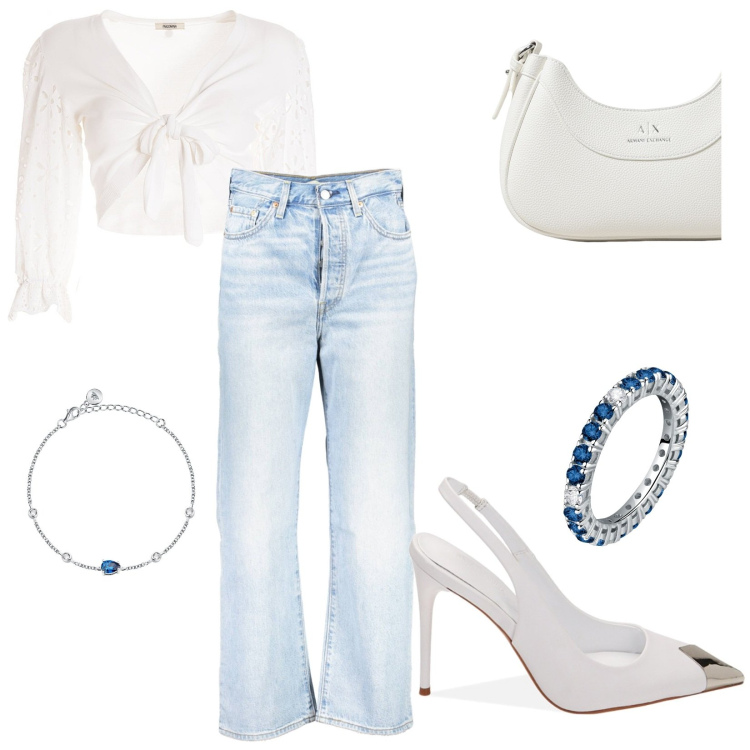 Outfit donna - night-out. Stile Chic per Serata fuori. Abbinamento con braccialetti, anelli, cardigans, décolleté, jeans, borse a tracolla.