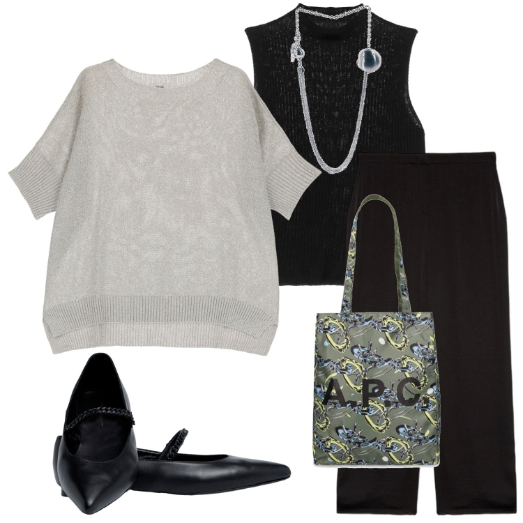 Outfit donna - In ufficio. Stile Casual chic per Ufficio. Abbinamento con collane, top, pullovers, ballerine, pantaloni a palazzo, shopping bag.