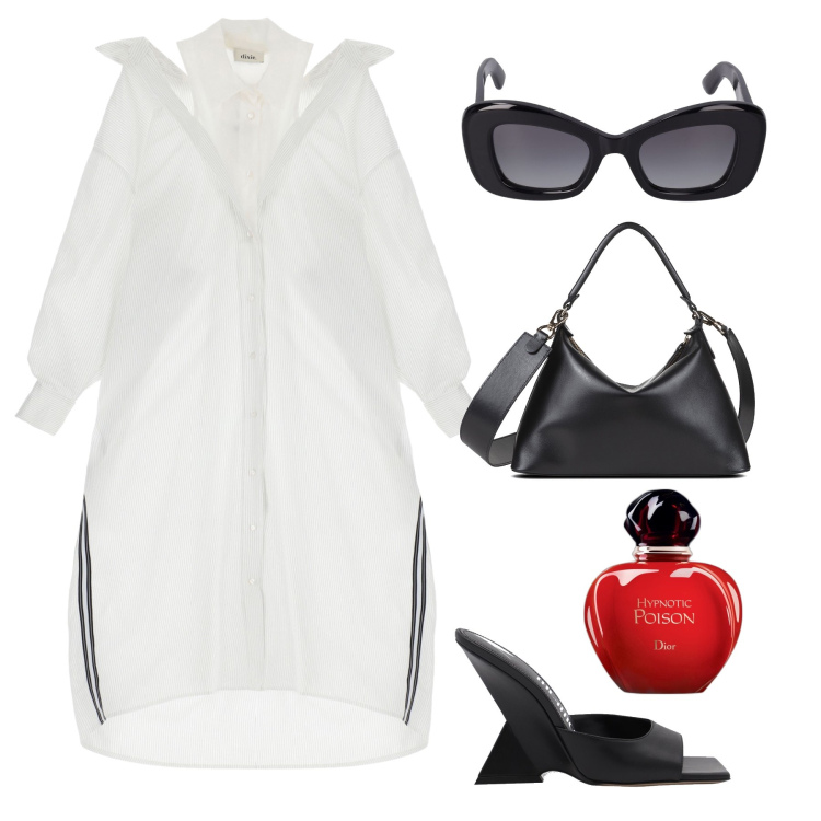 Outfit donna - Particolare. Stile Trendy per Tutti i giorni. Abbinamento con profumi, vestiti midi/longuette, occhiali da sole, borse a mano, sandali col tacco.